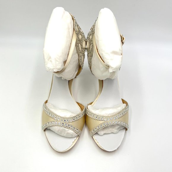 Badgley Mischka‎ Size 8 Roxy Jeweled Ivory Satin Open Toe Heels Pumps Shoes - Picture 3 of 13